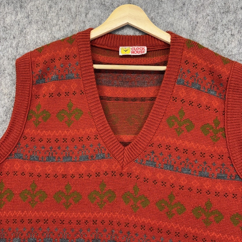 True Vintage Sweater Vest Men's 46 Large Orange Knit 80s V Neck - Picture 2 of 11
